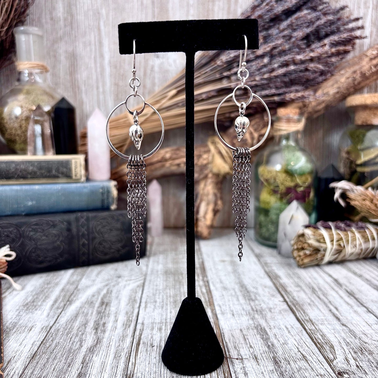 Sterling Silver Bird Skull Hoop Fringe Earrings / Long Dangle Witchy Earrings