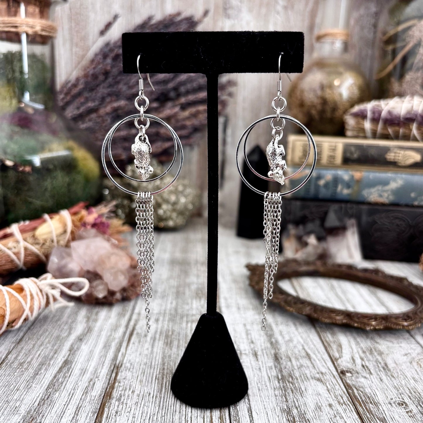 Silver Rat Earrings Stainless Steel Hoop and Fringe / Long Dangle Grunge Earrings