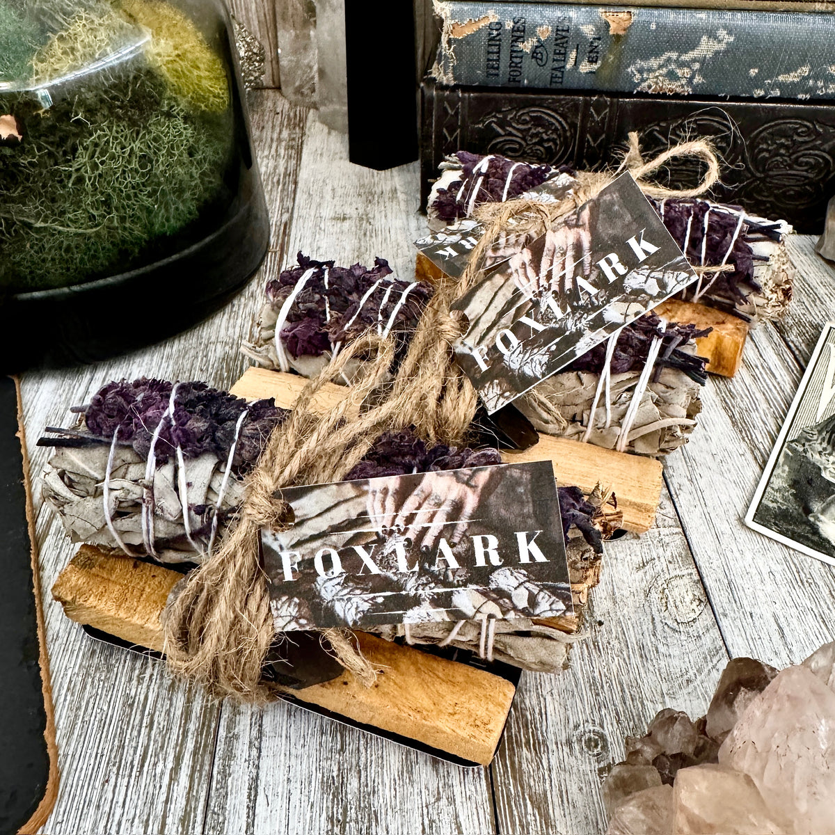 Foxlark Crystal Jewelry sage bundle with white sage, palo santo, smoky quartz, and crystal for cleansing and protection.