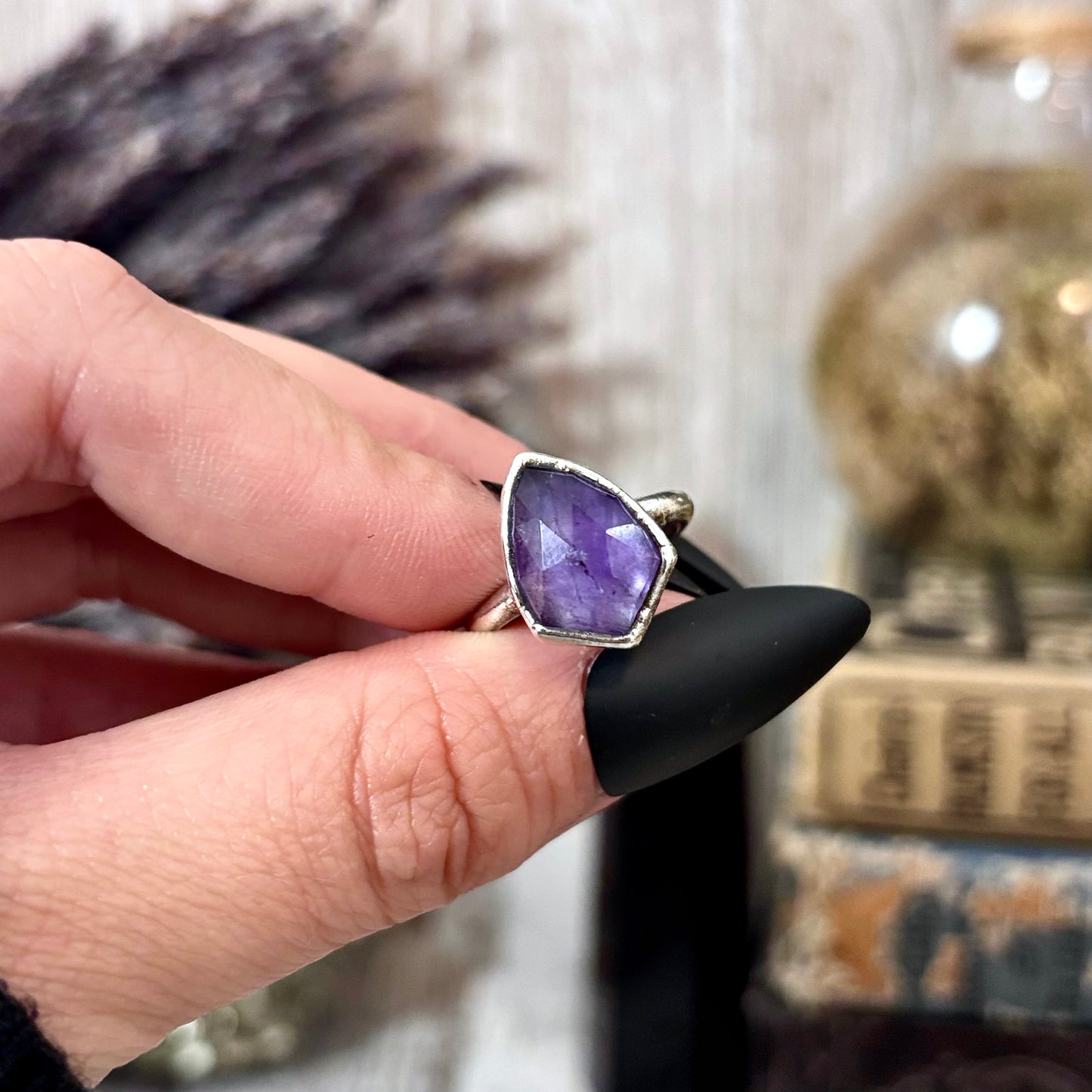 Amethyst Ring Fine Silver Small faceted Stone Ring Size 5 6 7 8 9 10 11 / Foxlark Collection