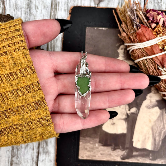 Clear Quartz & Green Sea Glass Crystal Statement Necklace in Fine Silver / Foxlark Collection - One of a Kind