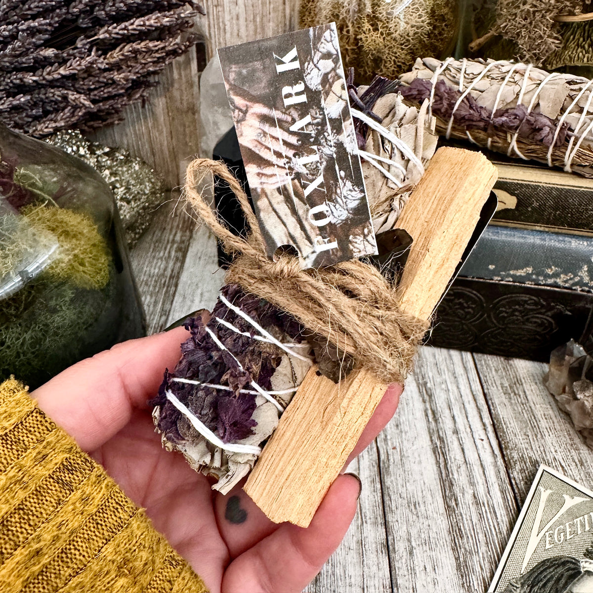 Sage Crystal Bundle with white sage, palo santo, smoky quartz, and crystal from Foxlark Crystal Jewelry for cleansing and protection.