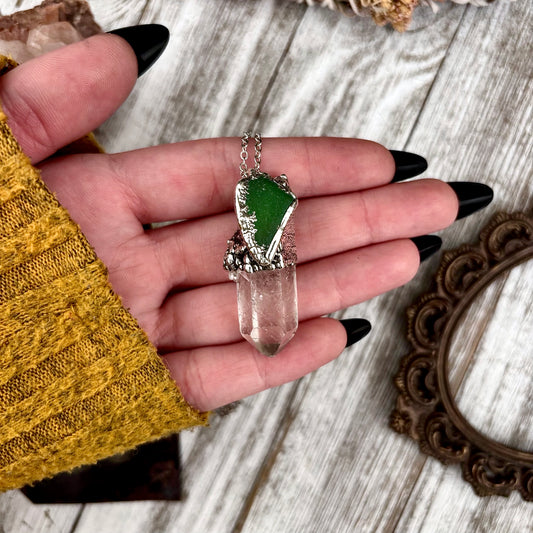 Clear Quartz & Green Sea Glass Crystal Statement Necklace in Fine Silver / Foxlark Collection - One of a Kind