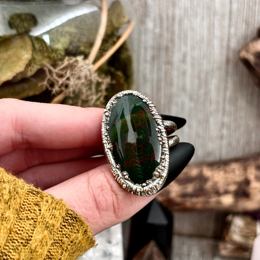 Green Bloodstone Crystal Statement Ring Size 11 Fine Silver / Foxlark Collection