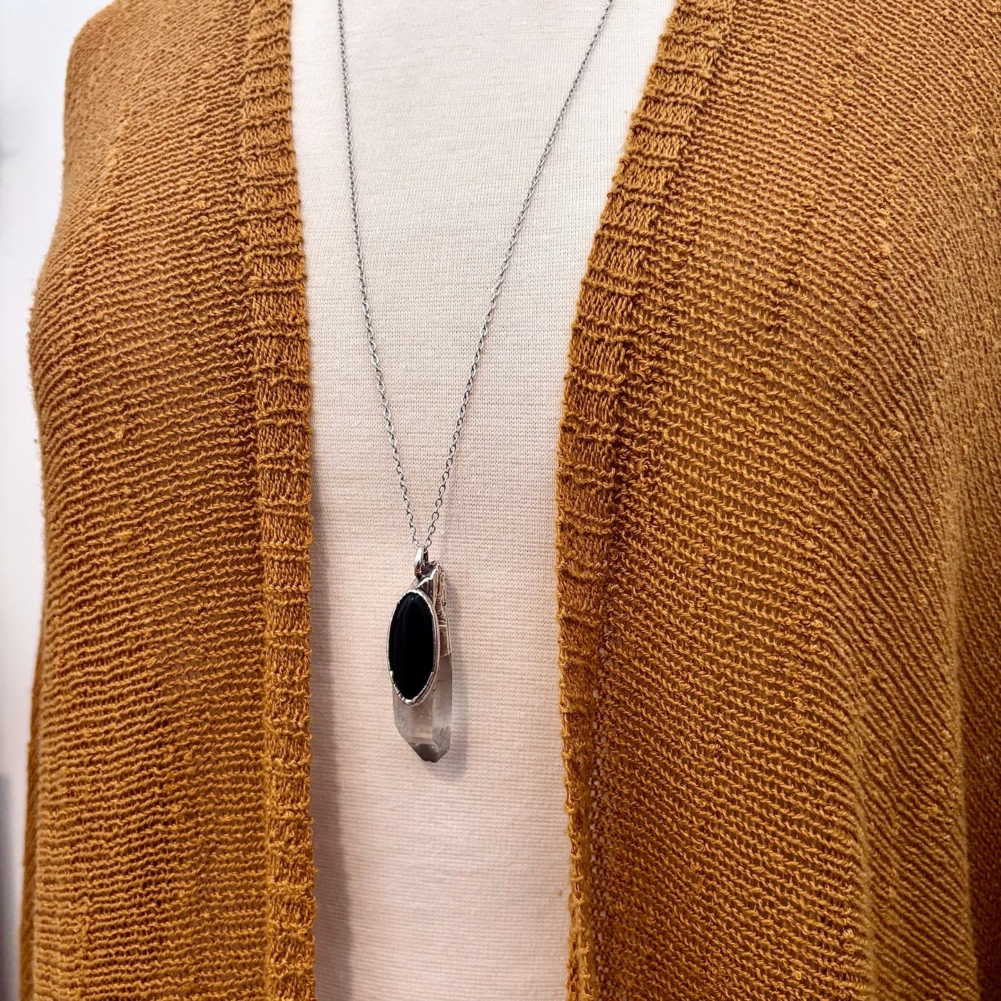 Clear Quartz & Black Onyx Crystal Statement Necklace in Fine Silver / Foxlark Collection - One of a Kind