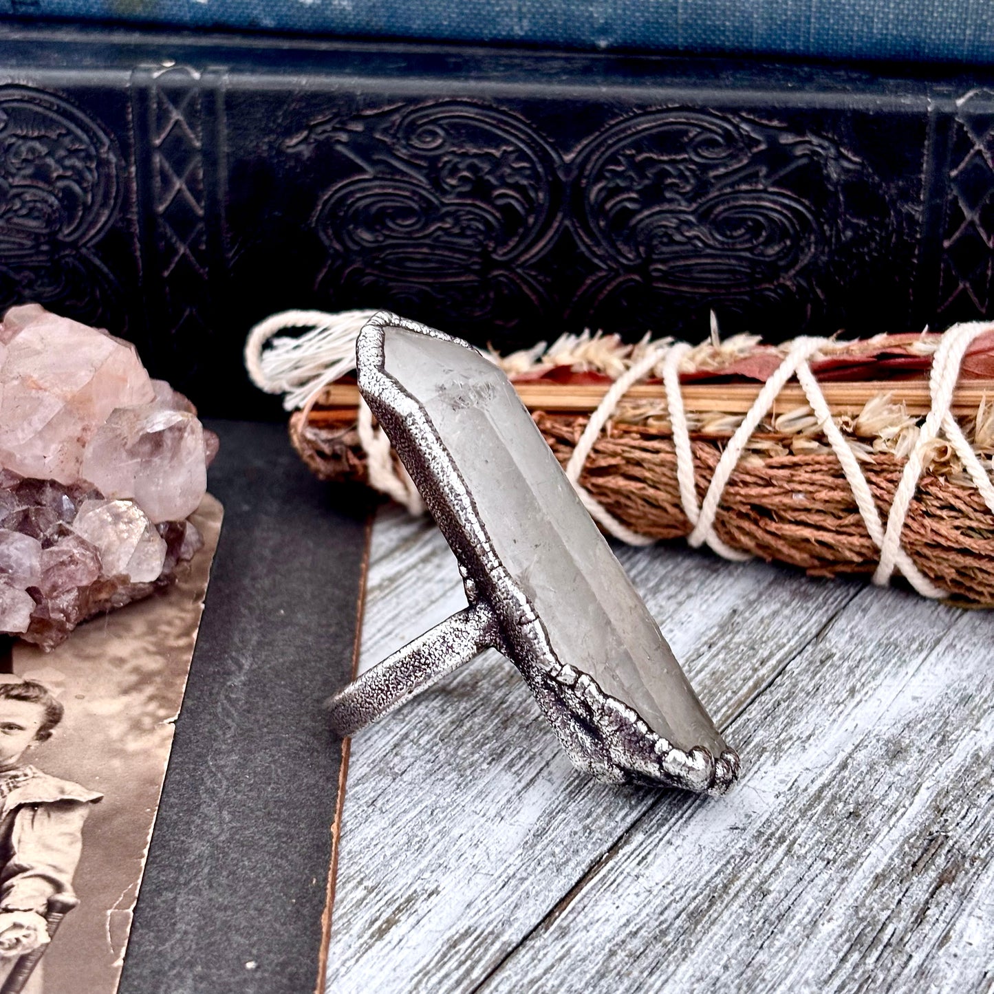 Raw Clear Quartz Crystal Ring Set in Fine Silver Size 8.5 / Foxlark Collection - One of a Kind