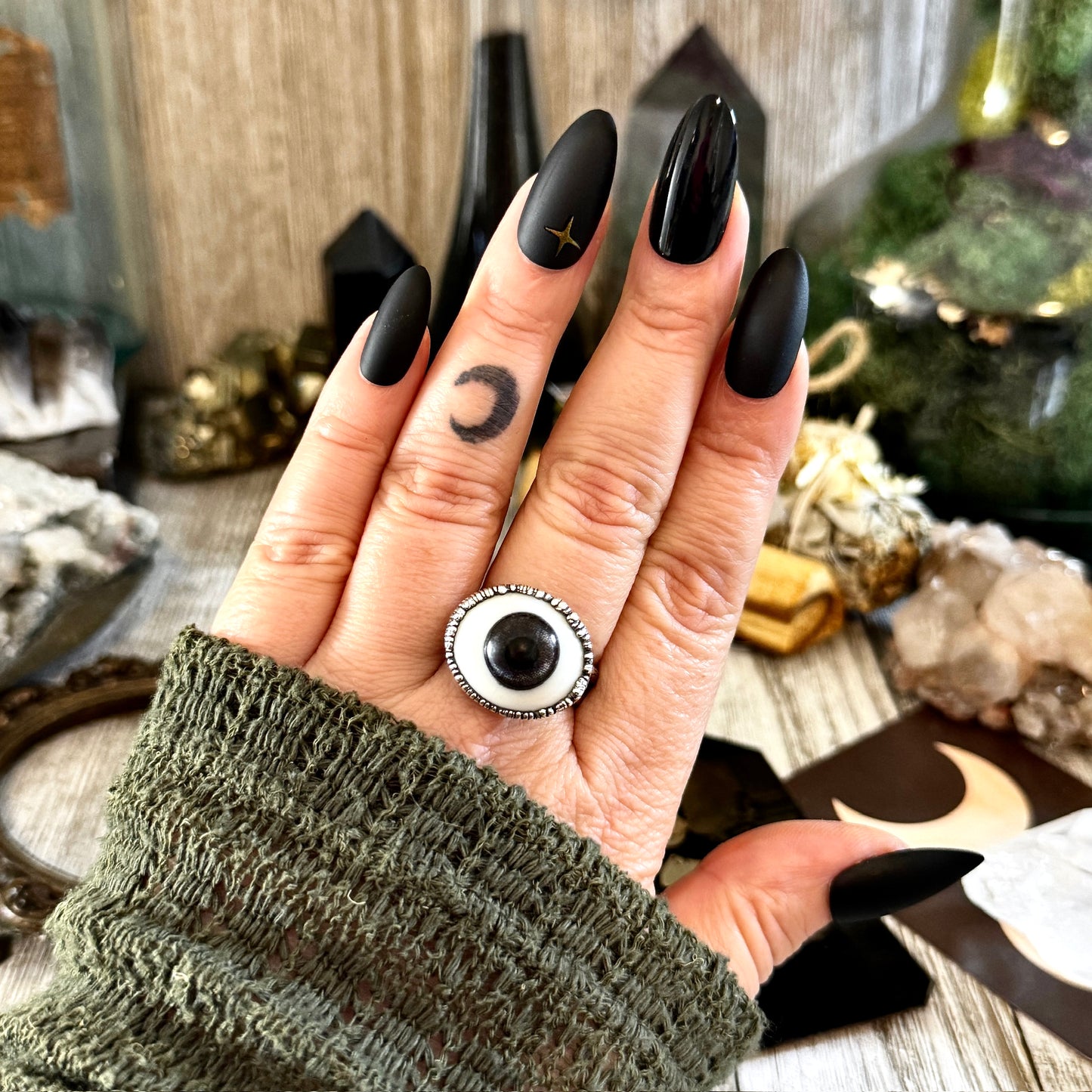 Grey Iris Glass Eye Statement Ring Silver Size 11 / Foxlark Collection