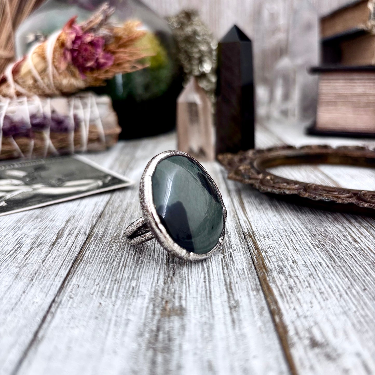 Spiderweb Obsidian Crystal Ring Fine Silver Size 7.5 / Foxlark Collection - One of a Kind