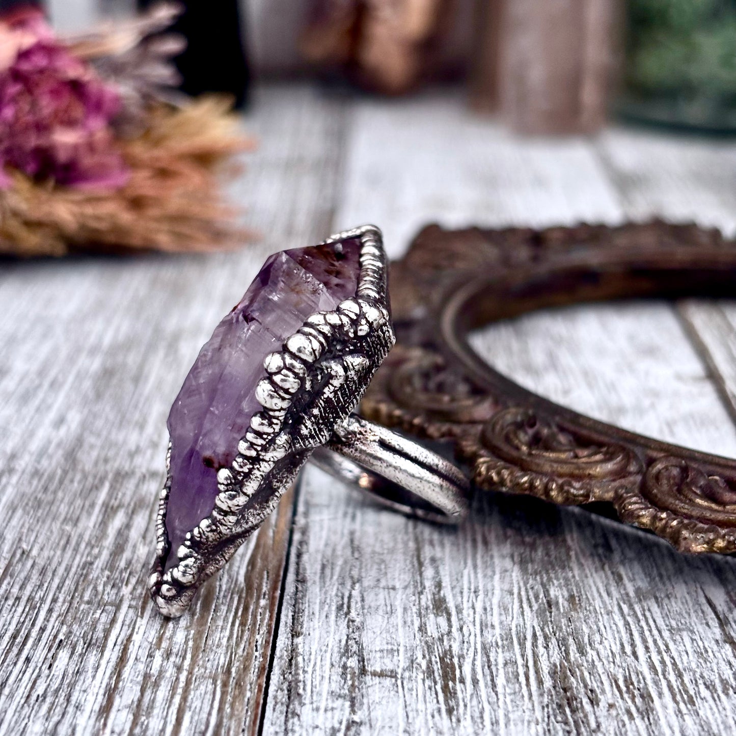 Raw Amethyst Crystal Ring Set in Fine Silver Size 6.5 / Foxlark Collection - One of a Kind