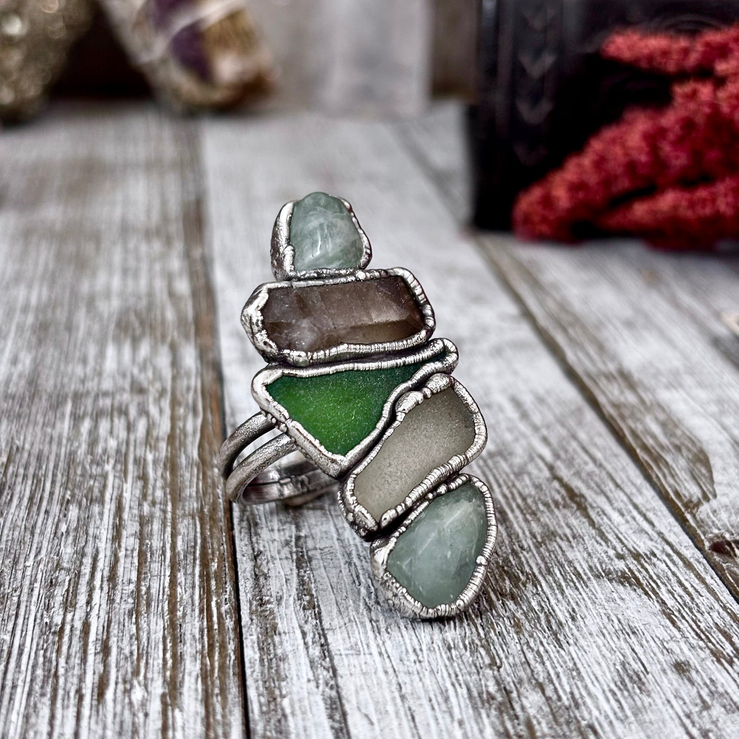 Multi Stone Aquamarine Smoky Quartz Sea Glass Ring In Silver Size 9 / Foxlark Collection