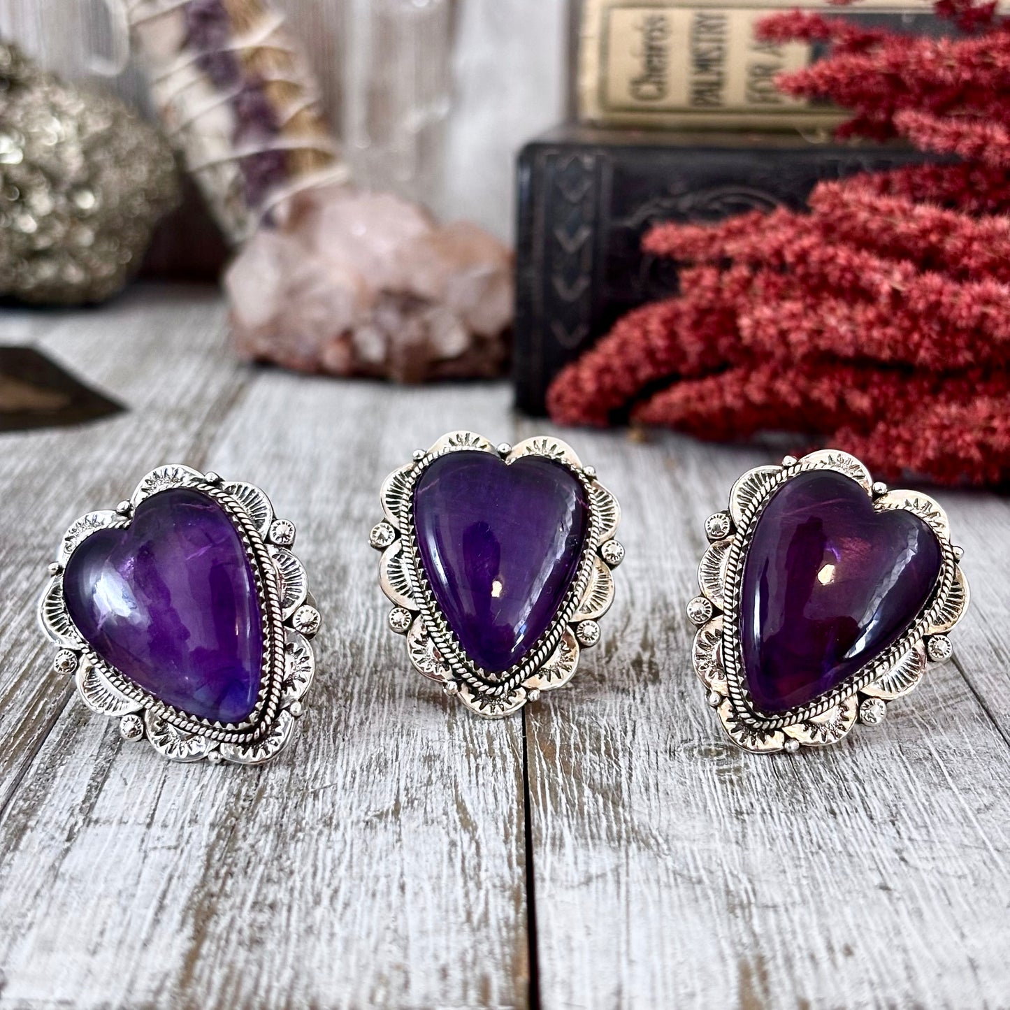 Amethyst Heart Crystal Statement Ring in Sterling Silver- Designed by FOXLARK Collection Adjusts to size 6,7,8,9, 10 / Gothic Jewelry