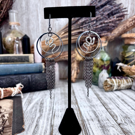 Sterling Silver Snake Hoop Fringe Earrings / Long Dangle Witchy Earrings