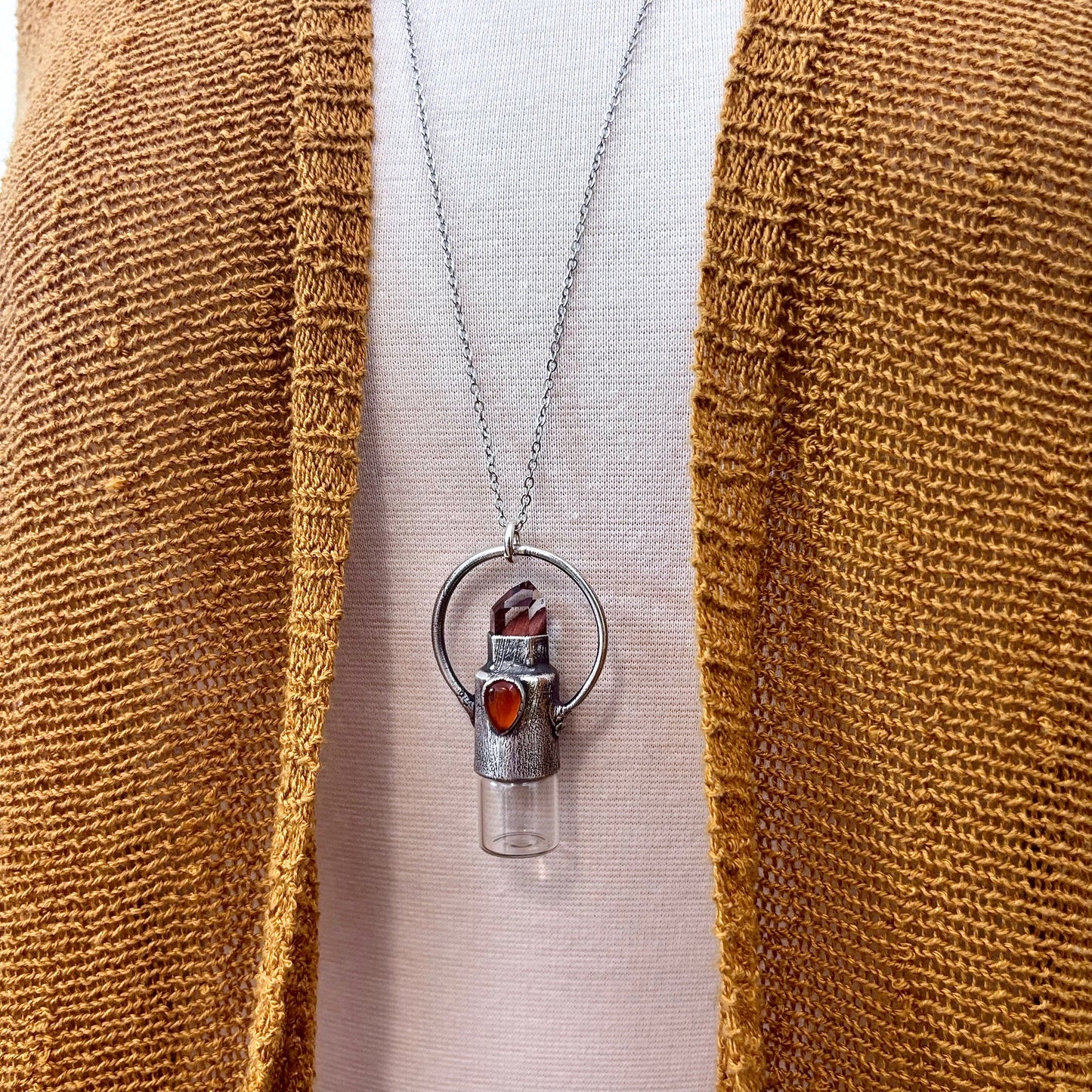 Garden Quartz and Carnelian Crystal Necklace / Silver Rollerball Necklace