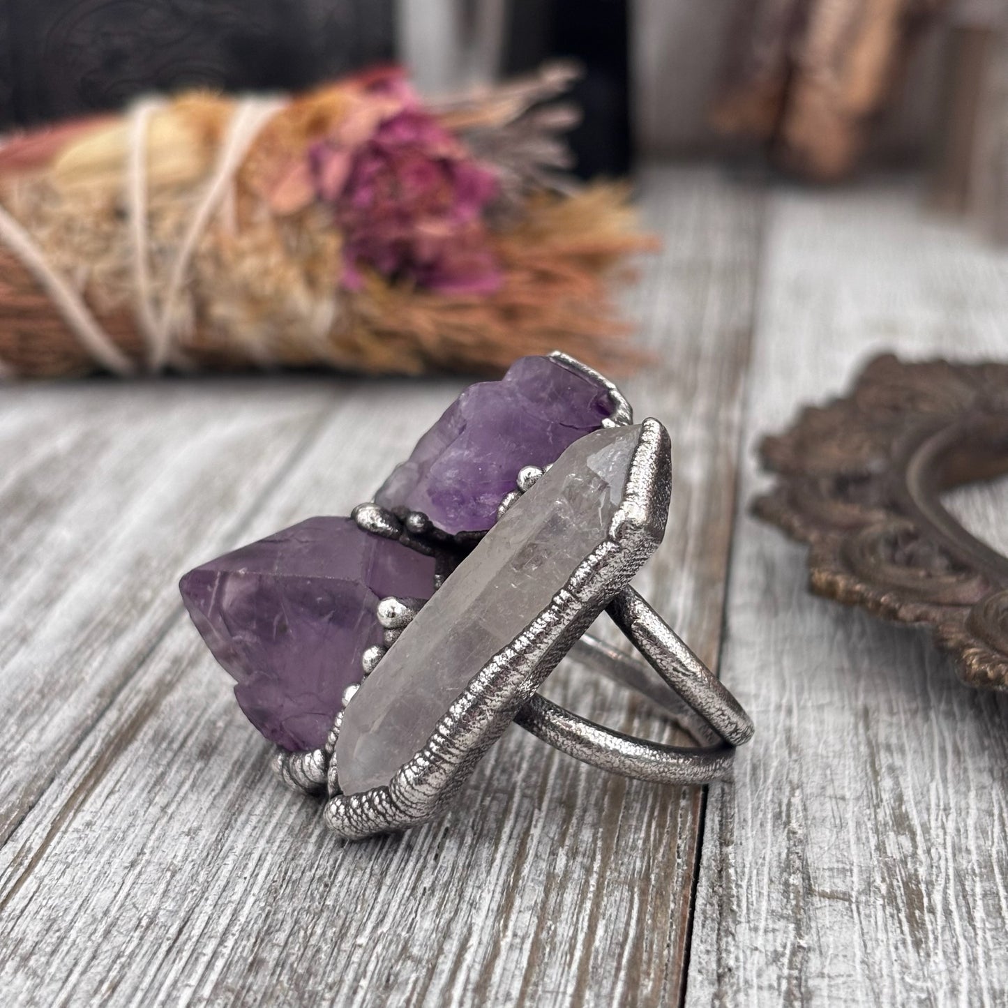 Three Stone Raw Amethyst Clear Quartz Ring In Silver Size 9.5 / Foxlark Collection