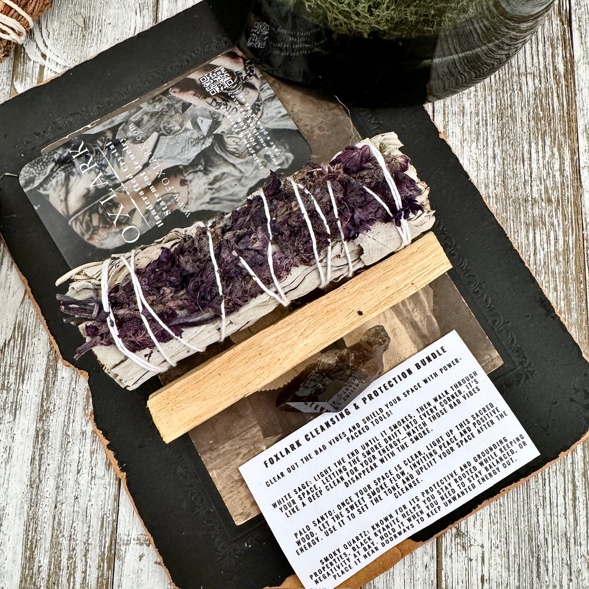 Sage Crystal Bundle with white sage, palo santo, smoky quartz, and protective crystals from Foxlark Crystal Jewelry.