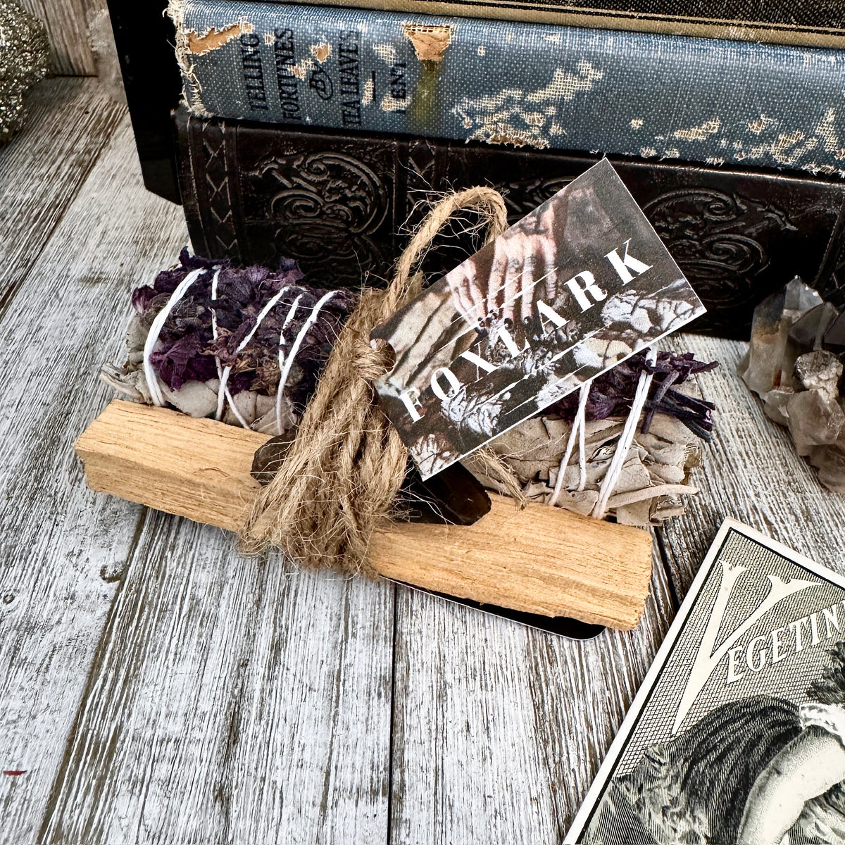 Sage crystal bundle with white sage, palo santo, smoky quartz, and a foxlark cleansing and protection bundle for spiritual clearing