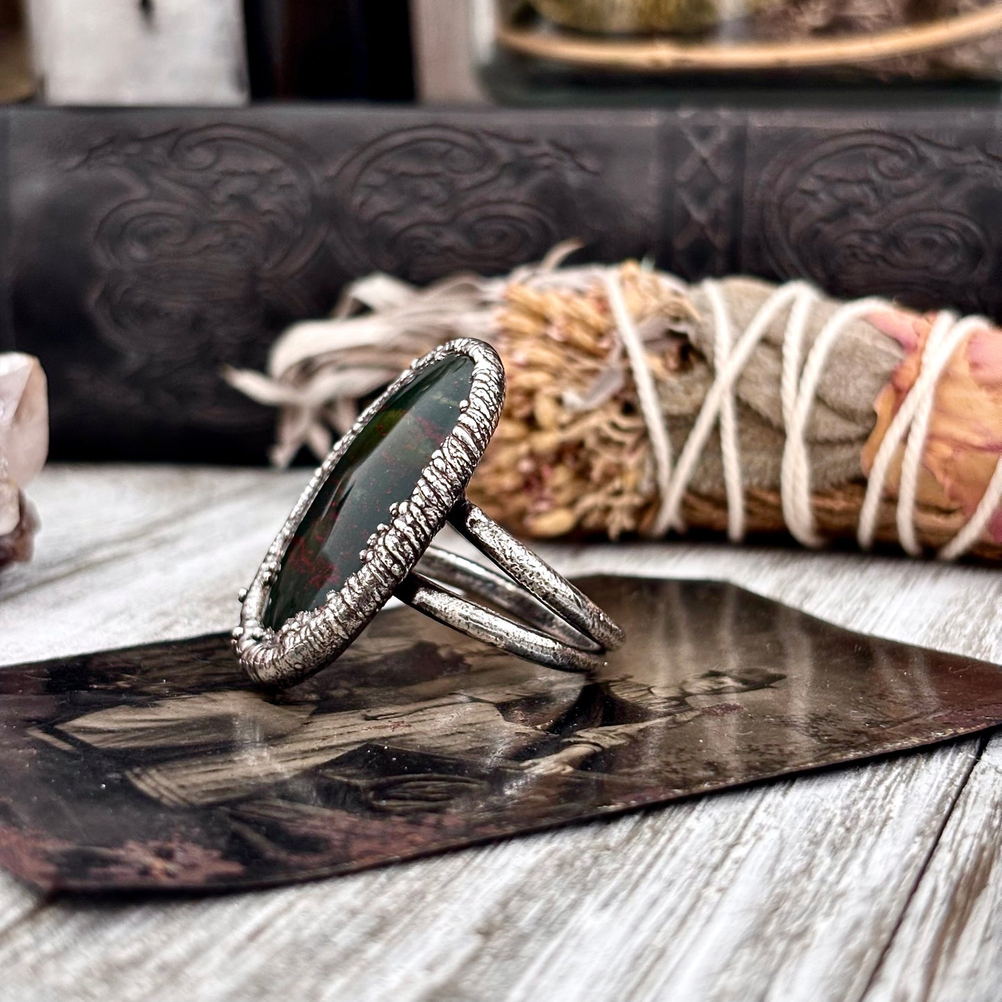 Green Bloodstone Crystal Statement Ring Size 11 Fine Silver / Foxlark Collection