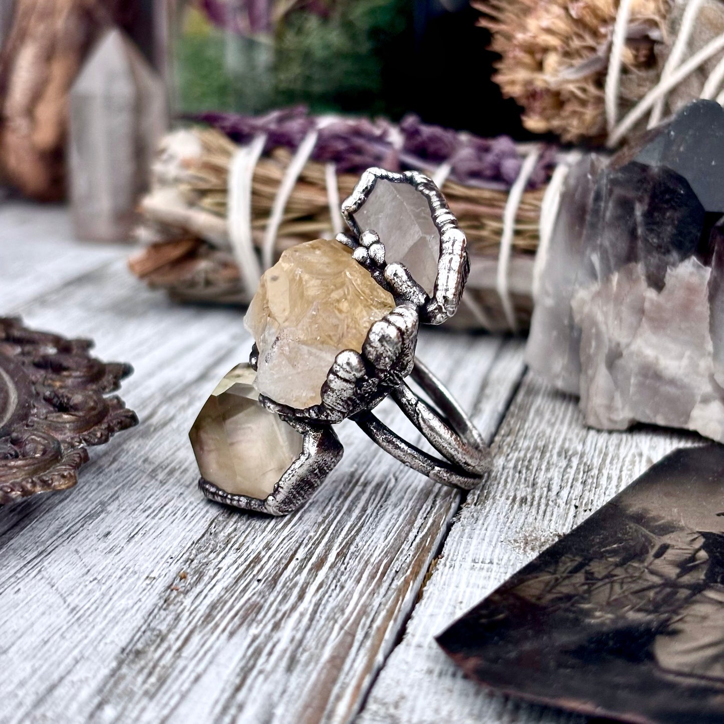 Three Stone Raw Citrine Clear Quartz Ring In Silver Size 9 / Foxlark Collection