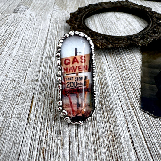 Road To Nowhere - Gas Station Last Stop Road Sign Ring Fine Silver Size 9 / One of a Kind