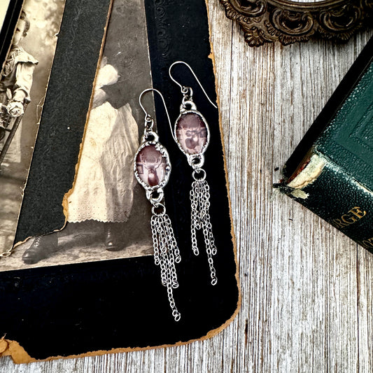 Road To Nowhere - Mismatched Vintage Bar / Deer Taxidermy Fine Silver Long Fringe Earrings