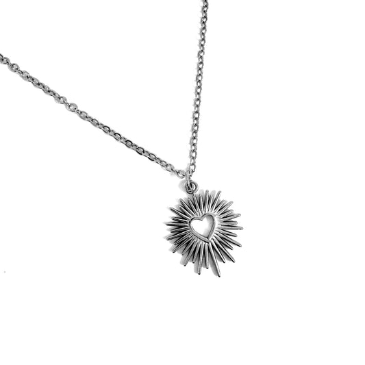 Sunburst Heart Charm stainless steel pendant necklace from the Lucky Charm Bar at Foxlark