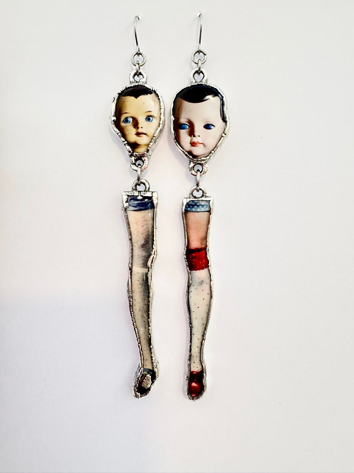 Mismatched Doll Head & Leg Earrings – Long Dangle Statement Earrings, Fine Silver | The Weirdlings Collection