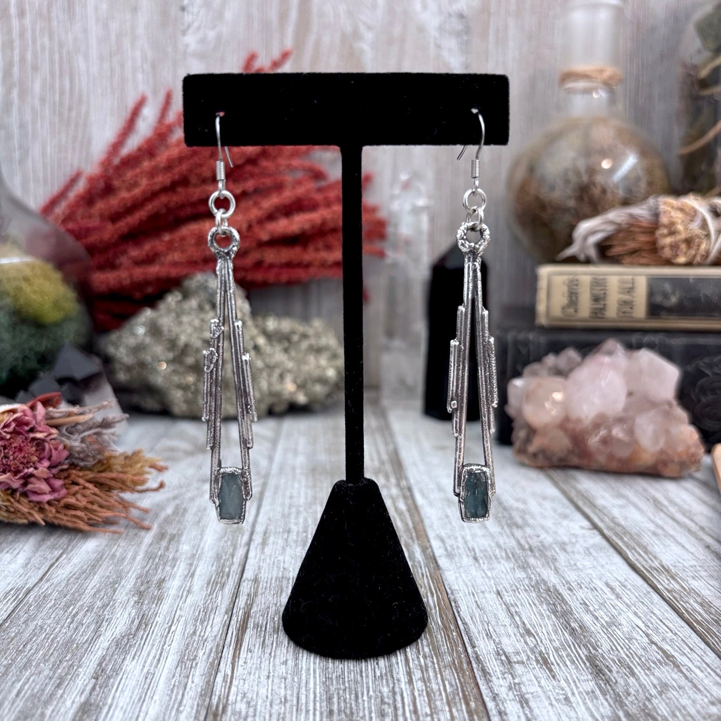 Blue Kyanite Fine Silver Crystal Drop Earrings / Long Dangle Witchy Earrings