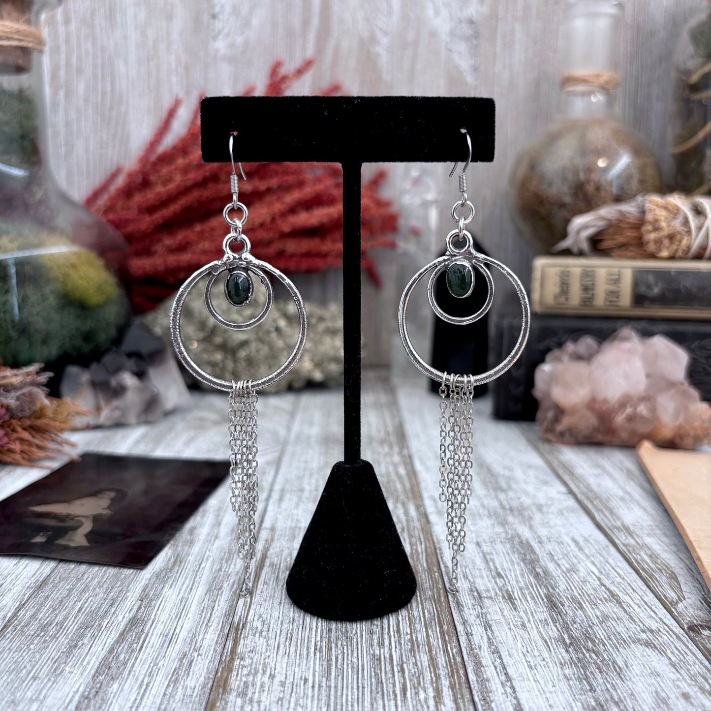 Moss Agate Hoop And Fringe Fine Silver Crystal Earrings / Long Dangle Witchy Earrings