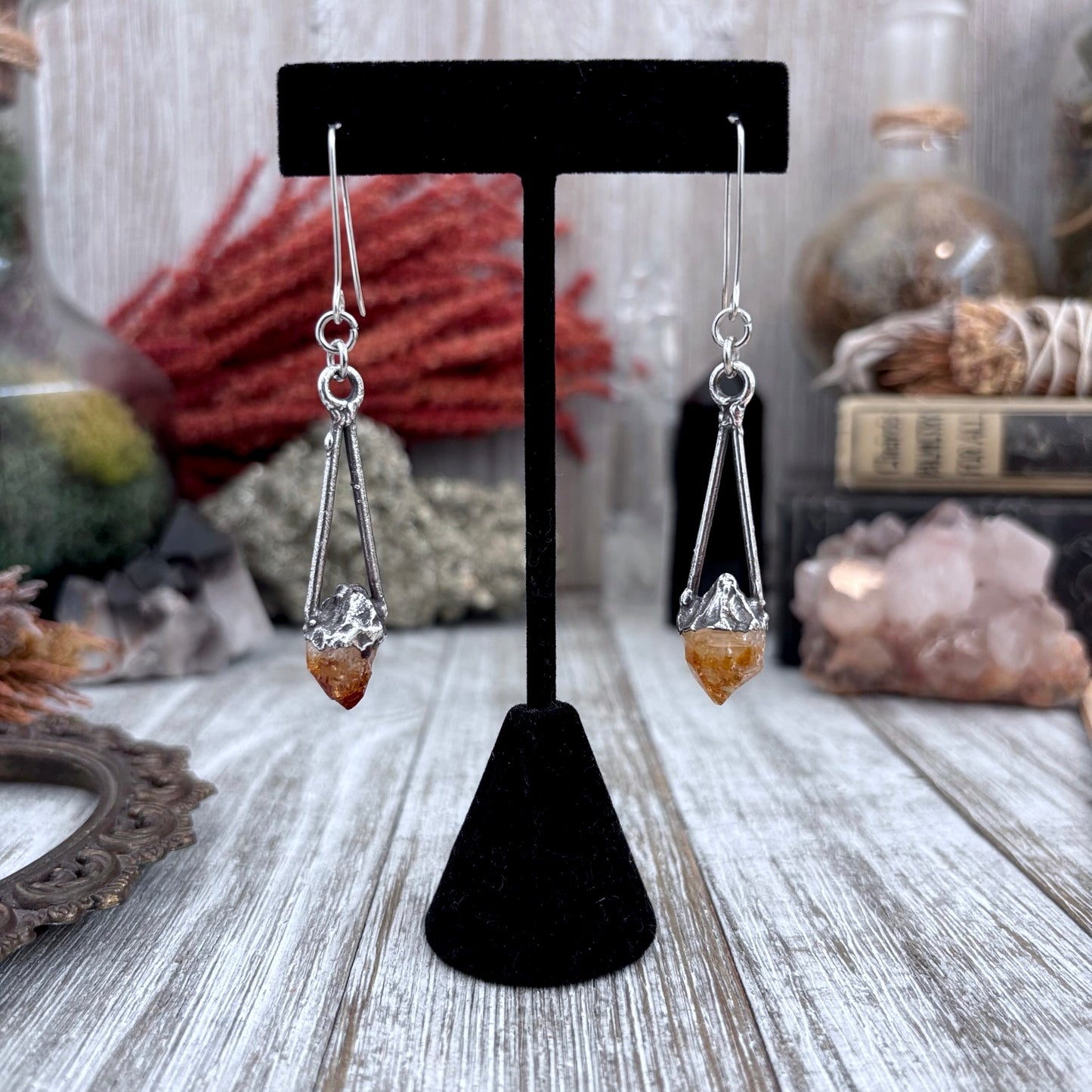 Raw Citrine Fine Silver Crystal Drop Earrings / Long Dangle Witchy Earrings