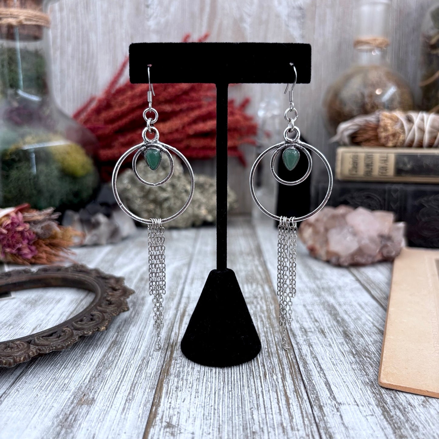 Aventurine Hoop And Fringe Fine Silver Crystal Earrings / Long Dangle Witchy Earrings