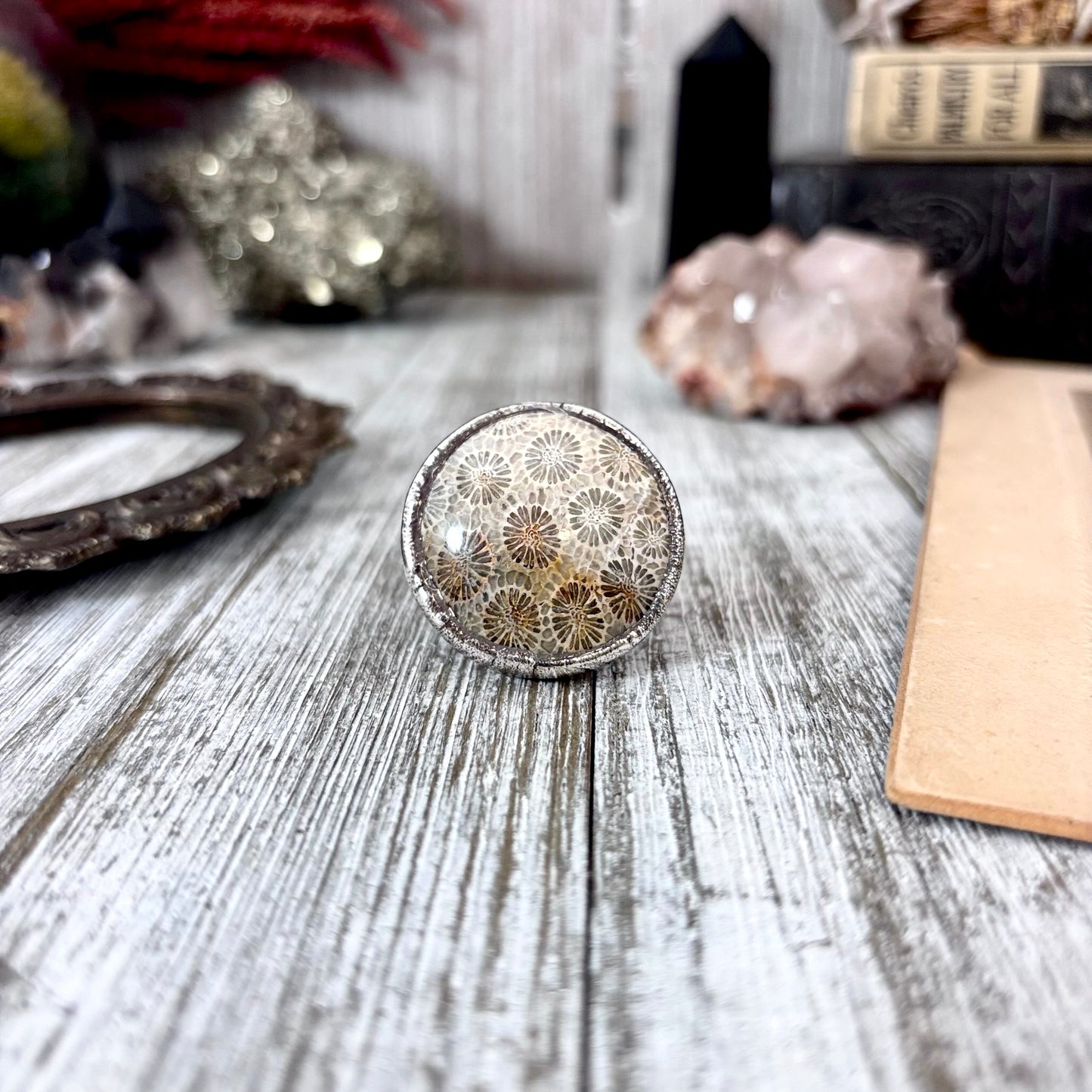 Fossilized Coral Crystal Ring Fine Silver Size 10/ Foxlark Collection - One of a Kind