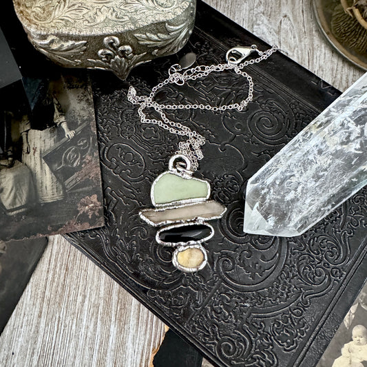 Multi Stone Green Sea Glass Raw Smoky Quartz Black Onyx Citrine Crystal Necklace Fine Silver / Foxlark Collection