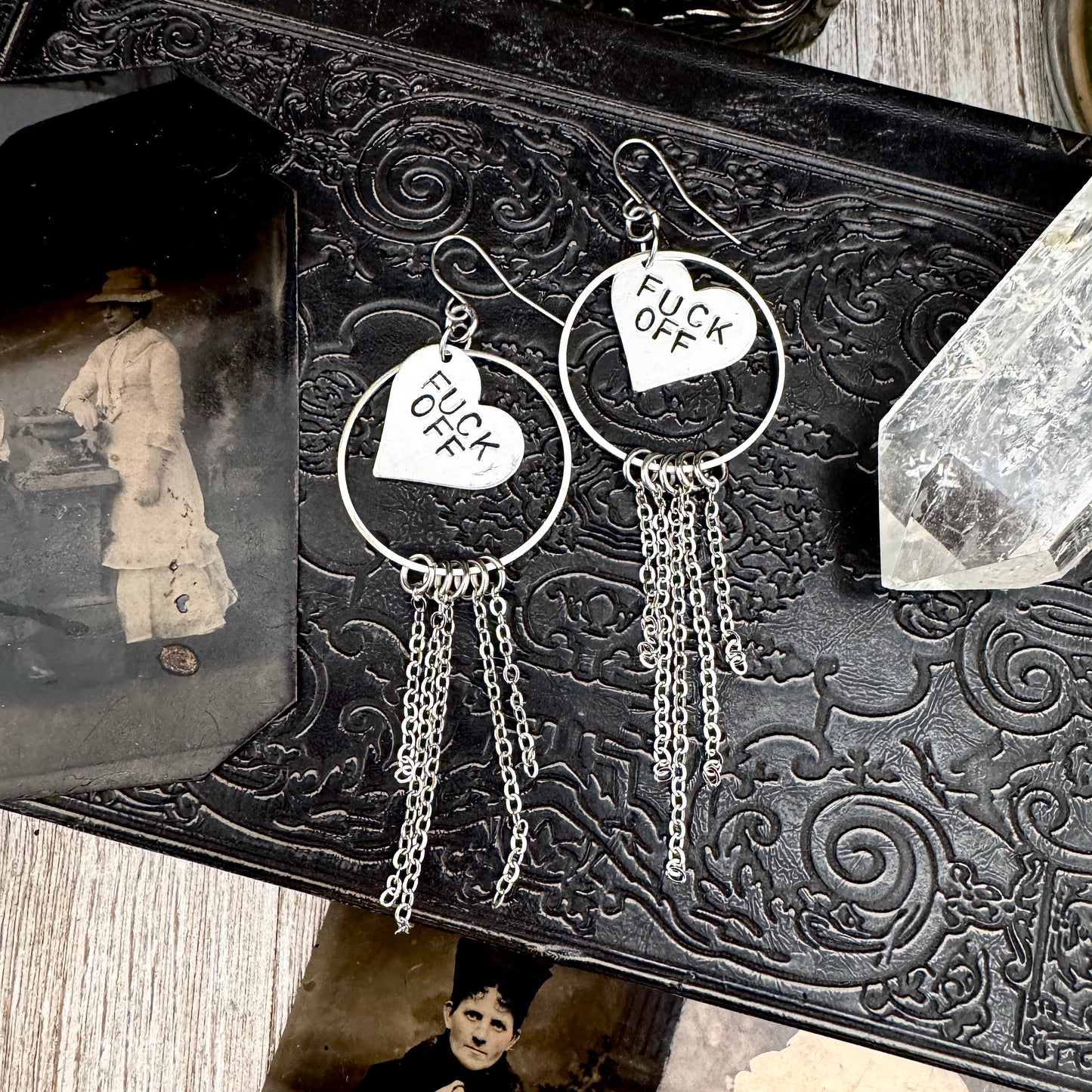 Hand Stamped FUCK OFF Fringe Heart Earrings