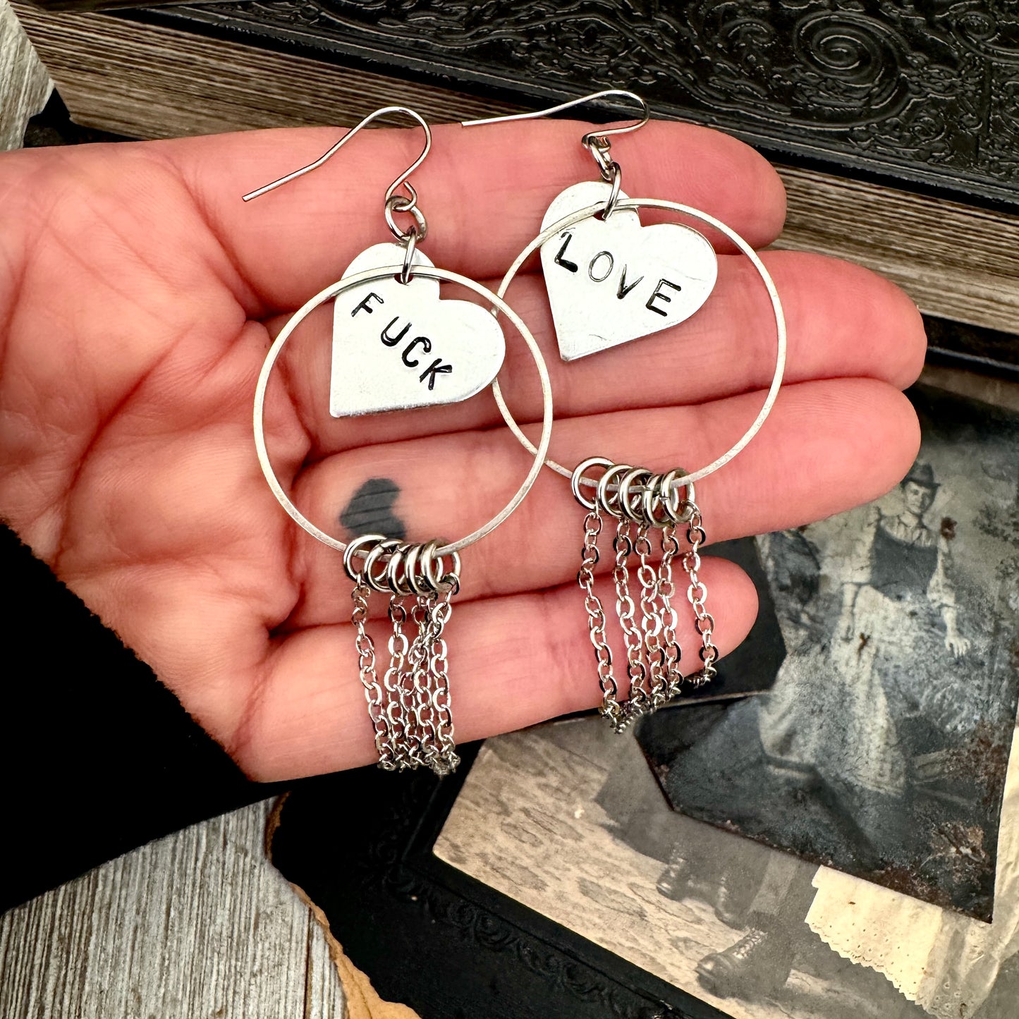 Hand Stamped FUCK LOVE Fringe Heart Earrings