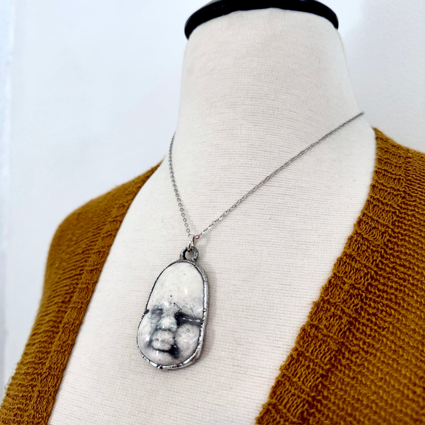Ceramic Baby Doll Face Necklace Fine Silver / Foxlark Collection - One of a Kind