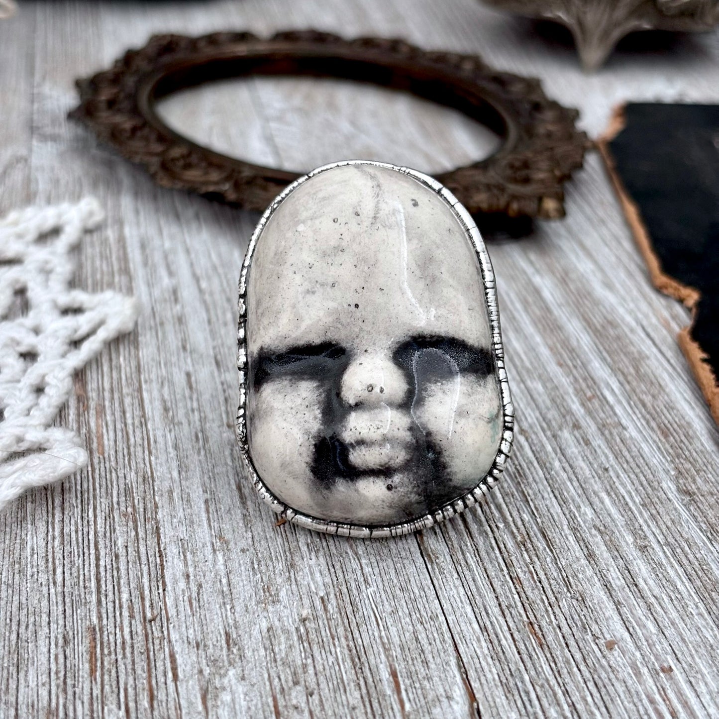 Ceramic Baby Doll Head Ring Fine Silver Size 10 / Foxlark Collection - One of a Kind