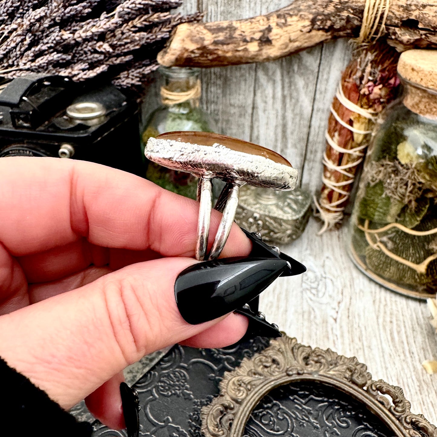 Baltic Amber Crystal Ring Fine Silver Size 7.5 / Foxlark Collection - One of a Kind