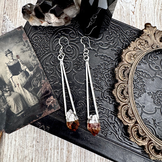 Raw Citrine Fine Silver Crystal Dangle Earrings / Long Dangle Witchy Earrings