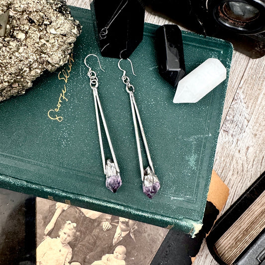 Raw Amethyst Fine Silver Crystal Dangle Earrings / Long Dangle Witchy Earrings