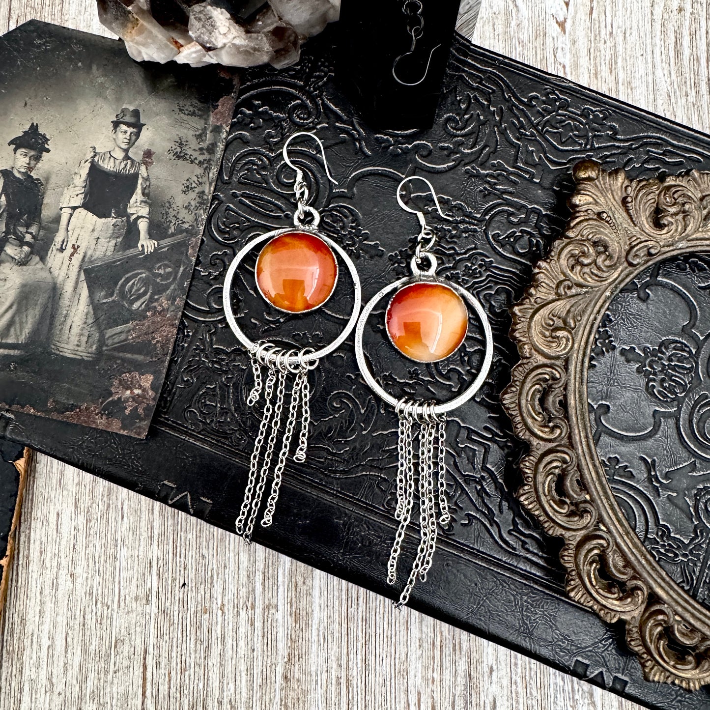 Carnelian Fine Silver Crystal Hoop Fringe Earrings / Long Dangle Witchy Earrings
