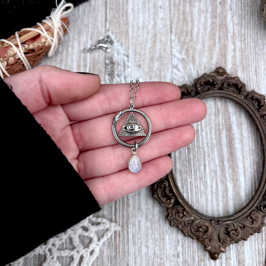 Ouroboros Evil Eye Rainbow Moonstone Talisman Necklace / Talisman Collection-Sterling Silver