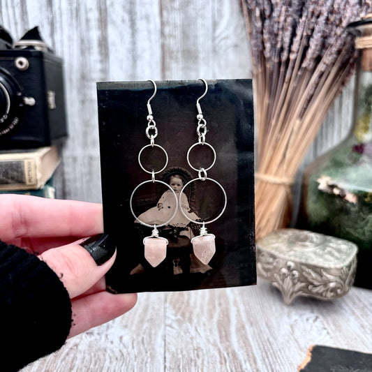 Stainless Steel Peach Moonstone Hoop Earrings / Long Dangle Earrings