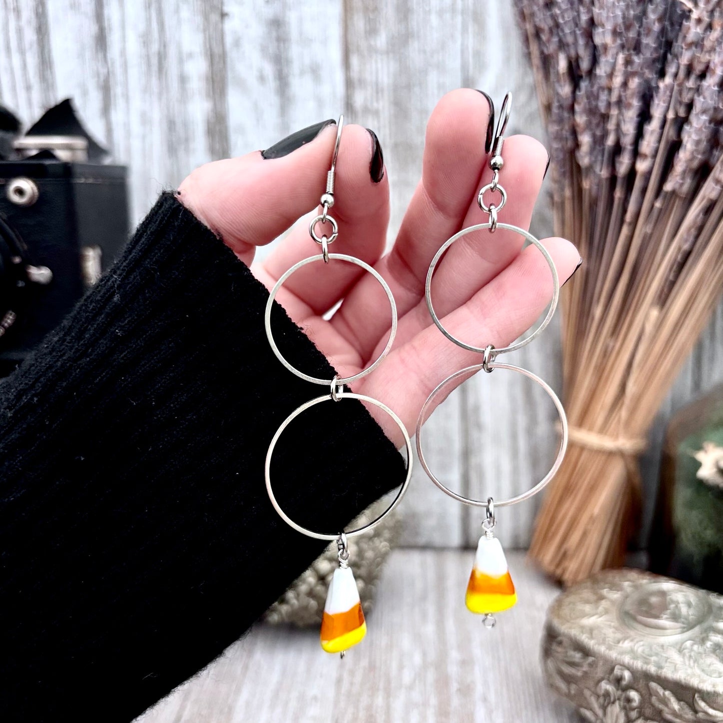Stainless Steel Candy Corn Hoop Earrings / Long Dangle Earrings