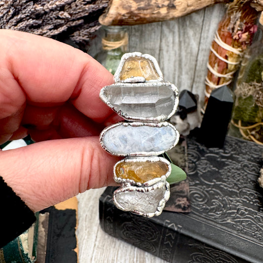 Multi Stone Clear Quartz Citrine & Rainbow Moonstone Ring In Fine Silver Size 10 / Foxlark Collection