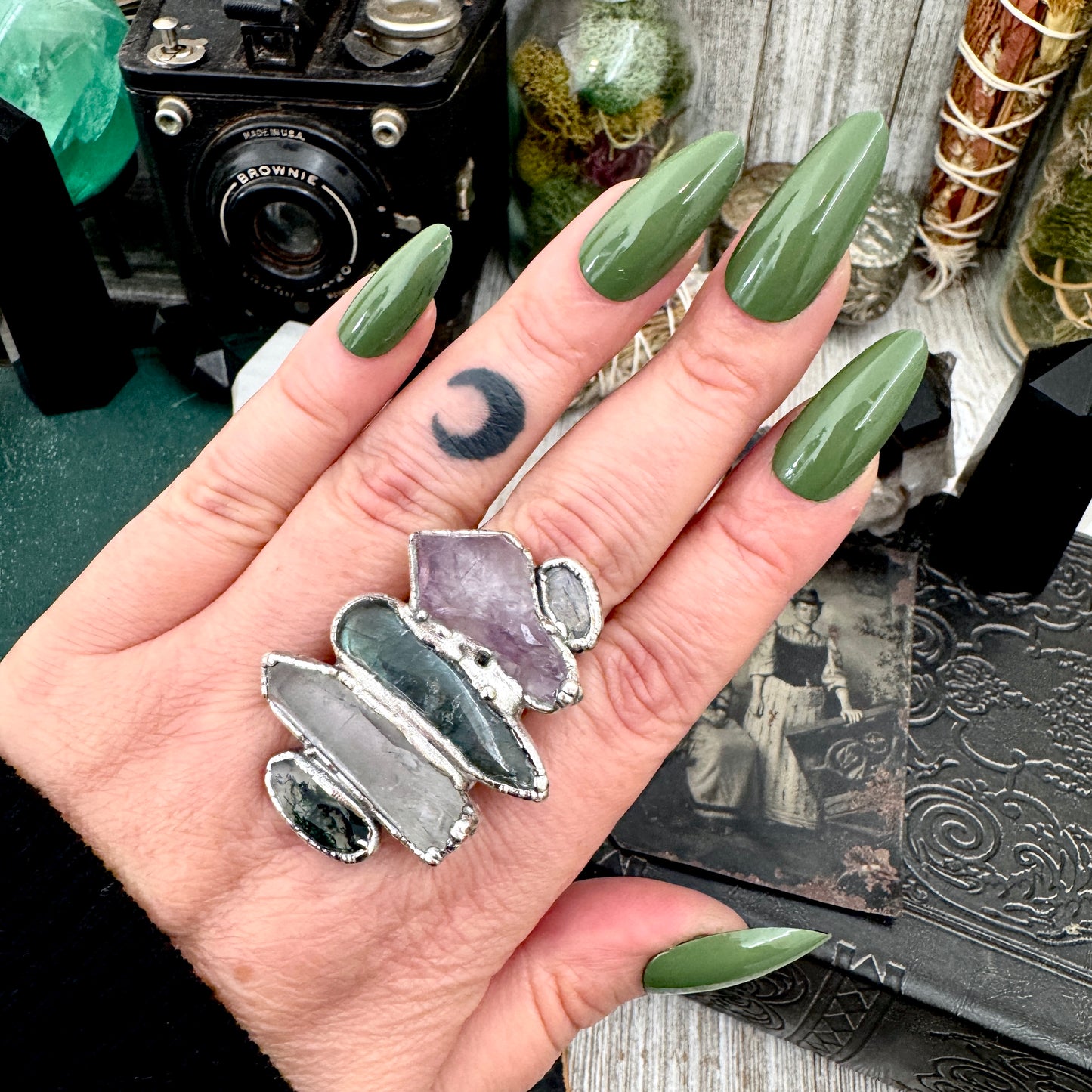 Multi Stone Moss Agate Clear Quartz Labradorite Amethyst & Rainbow Moonstone Ring In Fine Silver Size 10 / Foxlark Collection