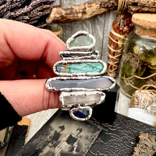 Multi Stone Amazonite Smoky Quartz Labradorite Blue Chalcedony Clear Quartz & Sapphire Ring In Fine Silver Size 9 / Foxlark Collection
