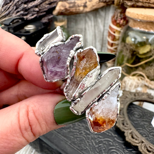 Multi Stone Clear Quartz Amethyst & Citrine Ring In Fine Silver Size 9 / Foxlark Collection