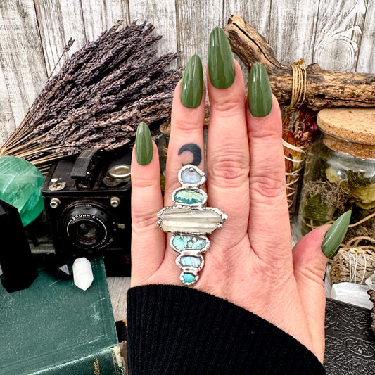 Multi Stone Turquoise Rainbow Moonstone & Clear Quartz Ring In Fine Silver Size 8 / Foxlark Collection
