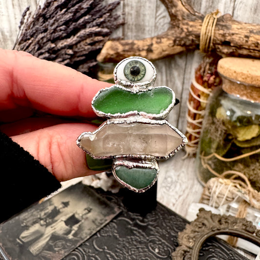 Multi Stone Glass Eye Sea Glass Clear Quartz & Aventurine Ring In Fine Silver Size 10 / Foxlark Collection