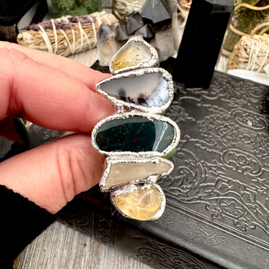 Multi Stone Citrine Dendritic Agate Bloodstone & Clear Quartz Ring In Fine Silver Size 7 / Foxlark Collection